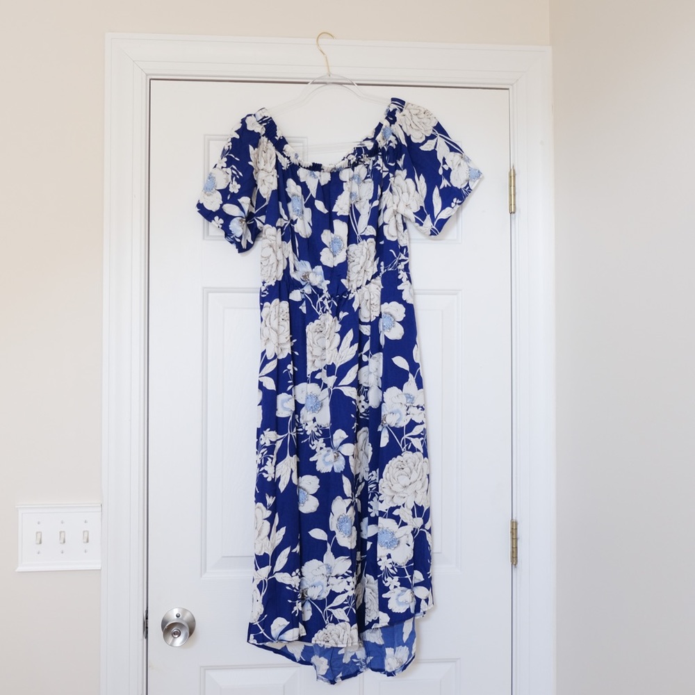 Blue and White Floral Off-the-Shoulder Dress